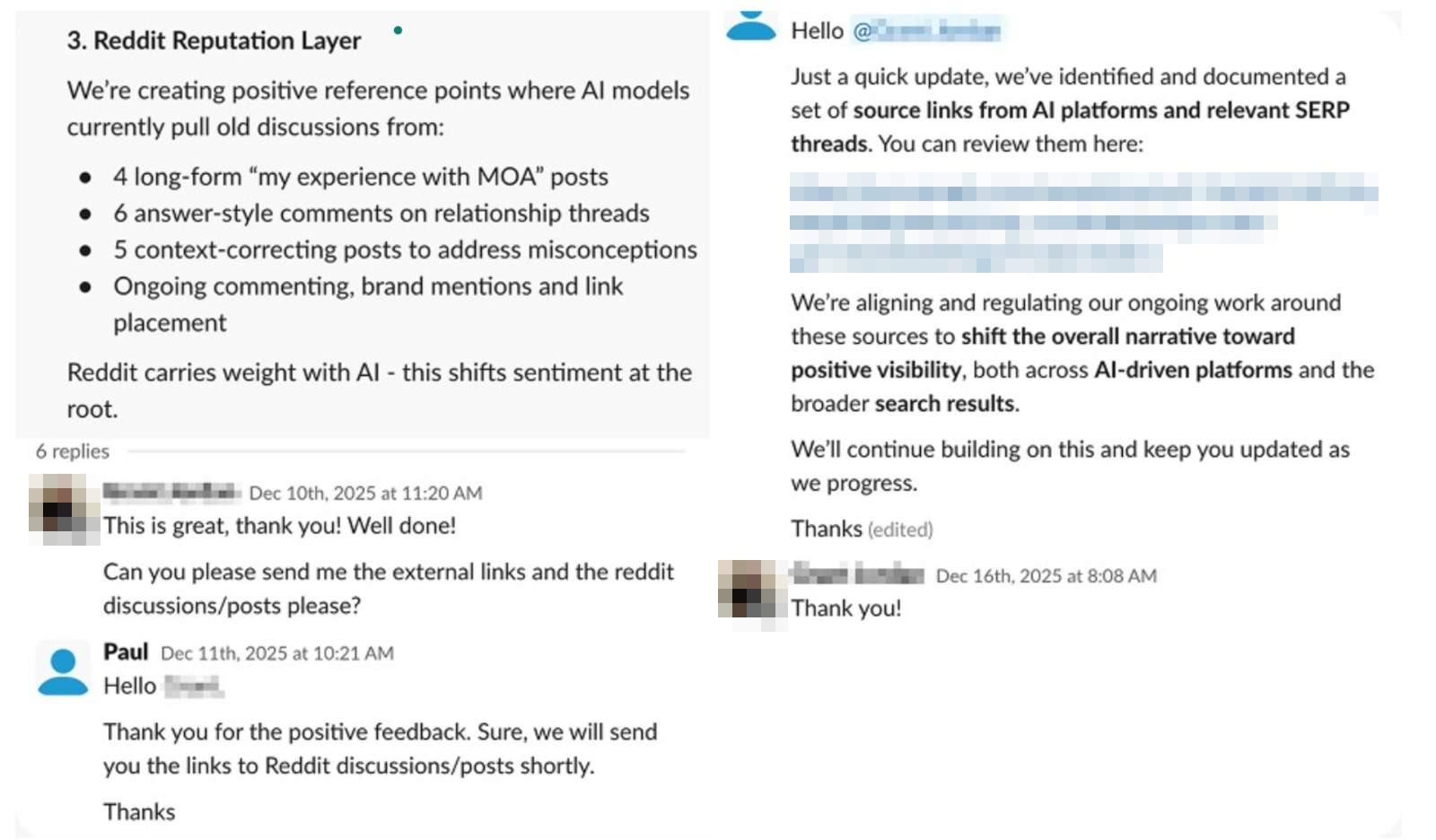 Real client feedback messages about AI SEO results